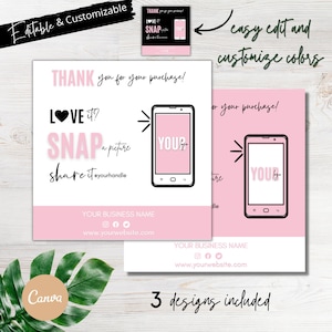 Cartões de agradecimento para impressão, Etsy Small Business, modelo de cartão Snap And Share, editável, adesivos Snap It, inserções instantâneas de tag us