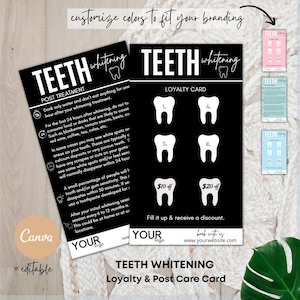 Cartes de fidélité et d'instructions de blanchiment des dents | Carte de soins de blanchiment des dents | Modèle de blanchiment | Carte de soin Spray Tan | Spray Tan Fidélité