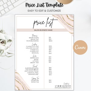 Modelo de lista de preços editável, design de menu personalizado, folha de preços para impressão, lista de preços de salão de beleza, lista de preços de beleza, guia de preços faça você mesmo, esteticista