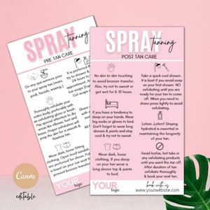Cartes d'instructions avant et après le bronzage par pulvérisation | Modèle Spray Tan| Carte rose de bronzage sans soleil | Modèle modifiable d'esthéticienne | autobronzant