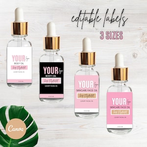 Editable Dropper bottle label, DIY Boston Round Bottle Essential Oil Label, Customizable label template Body oil 3 sizes, Face Oil, Serum