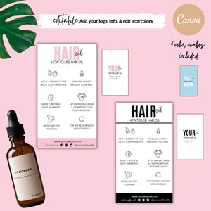 Guia de aplicação de óleo para cabelo, cartão de cuidados com óleo para cabelo editável, instruções de tratamento capilar com óleo quente faça você mesmo, cartão de cuidados com cosméticos para impressão