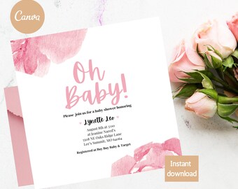 Oh Baby girl editable baby shower invitation, oh baby girl invite, floral baby shower invitation, baby shower invite instant download, pink