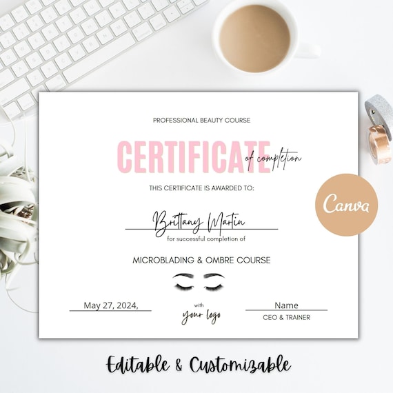 DIY Certificate of Completion Template, Printable Brow Course Certificate, Microblading Template, Gold, Editable, Ombre Brow Course, Eyebrow