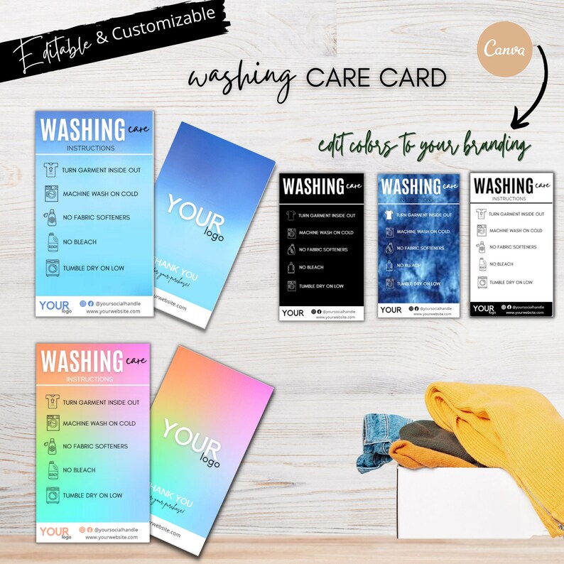 Washing Care Instructions Template, Editable Wash Care Insert Card