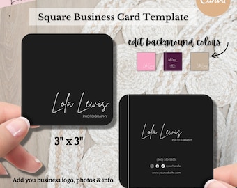 May include: A black square business card template with the text "Lola Lewis Photography" in white script font. The card is 3 inches by 3 inches and includes space for a business logo, photos, and contact information. The template is customizable and can be edited to change the background color.