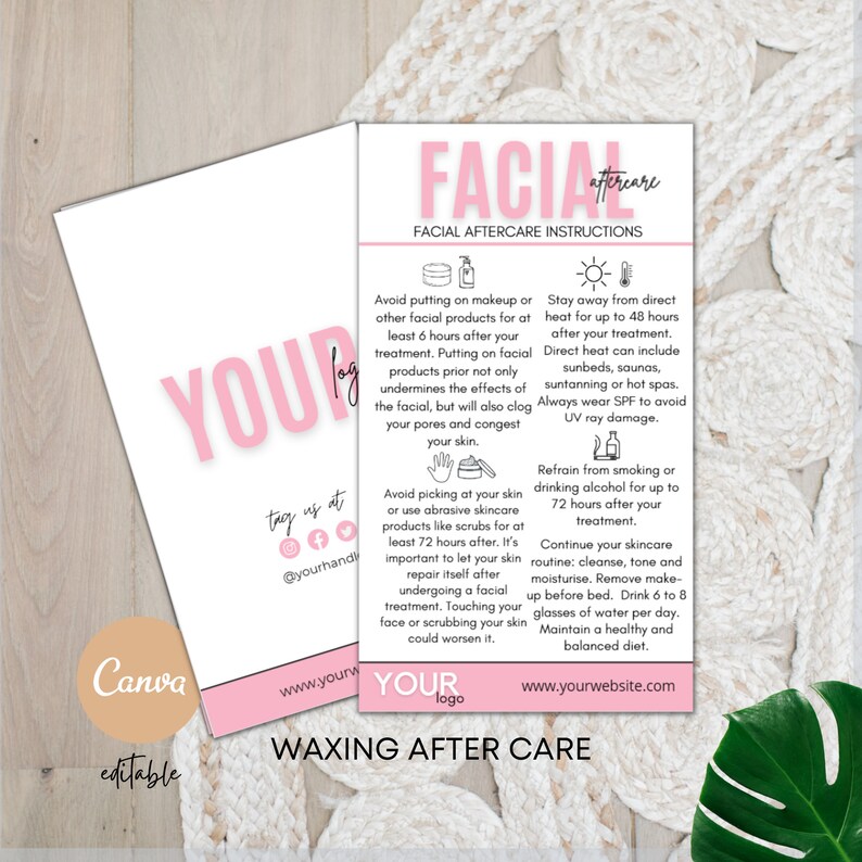 May include: Pink and white printable card with the text "Facial Aftercare Instructions" and "Waxing After Care". The card includes instructions for facial and waxing aftercare, such as avoiding makeup and direct heat, and drinking plenty of water.