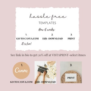 May include: A graphic showing how to use Canva templates to create printable designs. The steps are: 1. Go to Canva.com, 2. Edit and Download, 3. Print. The graphic includes a Canva logo, a laptop with a hand typing on it, and a printed design on a woven placemat.