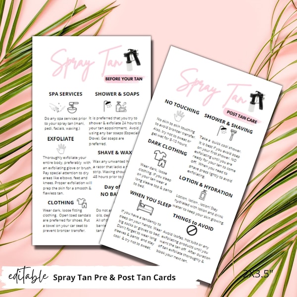 Spray Tanning Pre and Post Tan Instruction Cards | Digital Download 2x3.5” inch Business Card Size | Sunless Tanning Pink Card | Esthetician