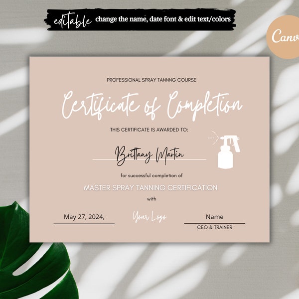 DIY Certificate of Completion Template, Printable Spray Tan Course Certificate, Spray Tan Artist Neutral Award, Editable, Spray Tan Course