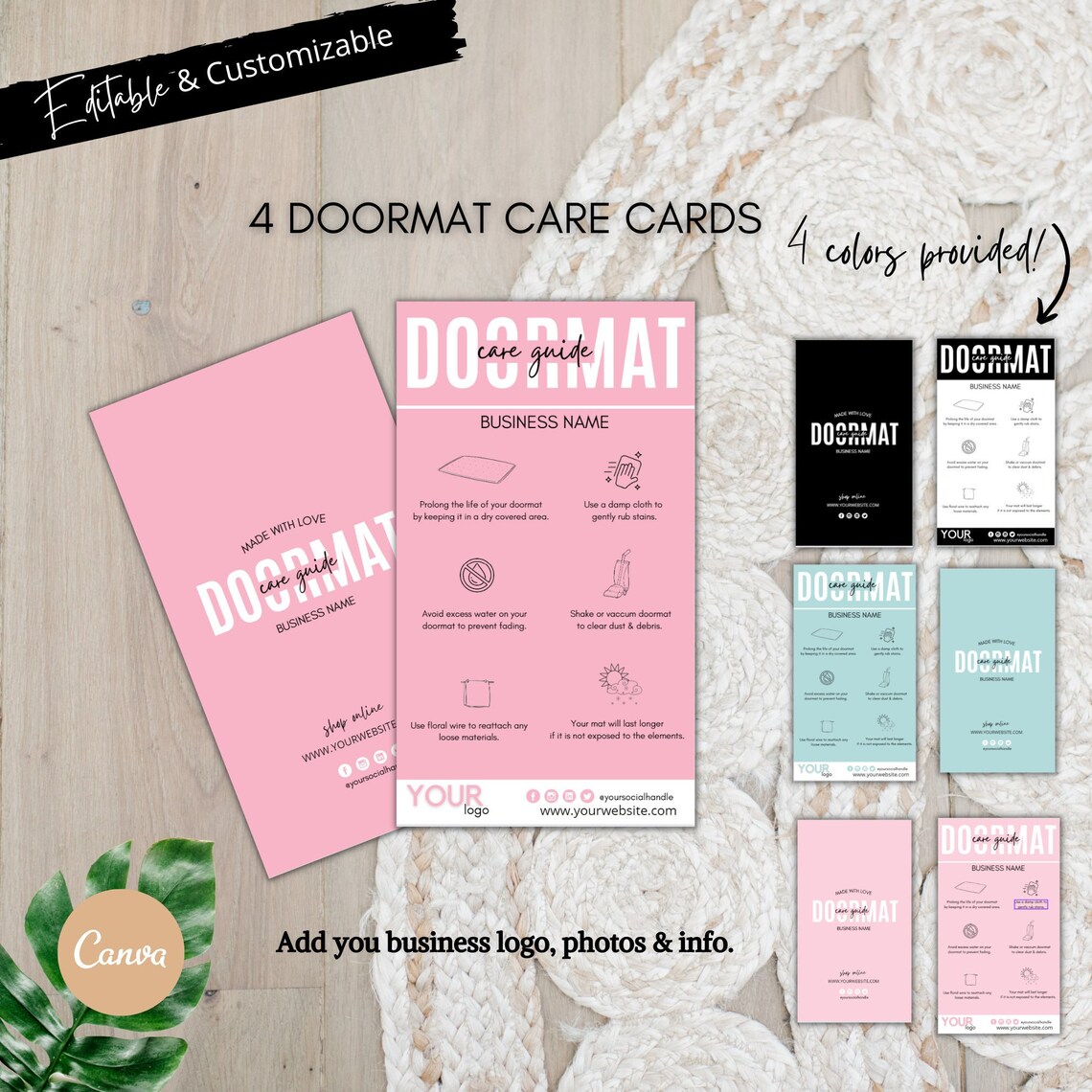 Doormat Flash Card.pdf Editable Doormat Care Card Template: Watercolor Design (printable) - Etsy