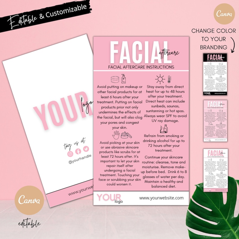 May include: Pink and white printable guide with the text "FACIAL AFTERCARE INSTRUCTIONS" and instructions for facial aftercare. The guide includes tips on avoiding makeup, direct heat, smoking, and alcohol after a facial treatment. It also includes instructions on how to care for your skin after a facial treatment.