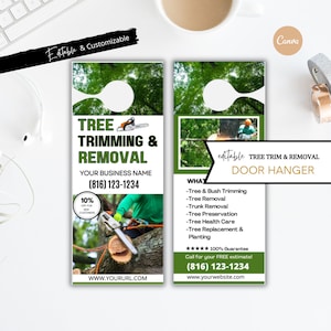 May include: Green door hanger with a tree trimming and removal service advertisement. The text reads "Tree Trimming & Removal", "Your Business Name", "(816) 123-1234", "10% off for new customers", "WWW.YOURURL.COM", "Tree & Bush Trimming", "Tree Removal", "Trunk Removal", "Tree Preservation", "Tree Health Care", "Tree Replacement & Planting", "★★★★★ 100% Guarantee", "Call for your FREE estimate!", "(816) 123-1234", "www.yourwebsite.com".