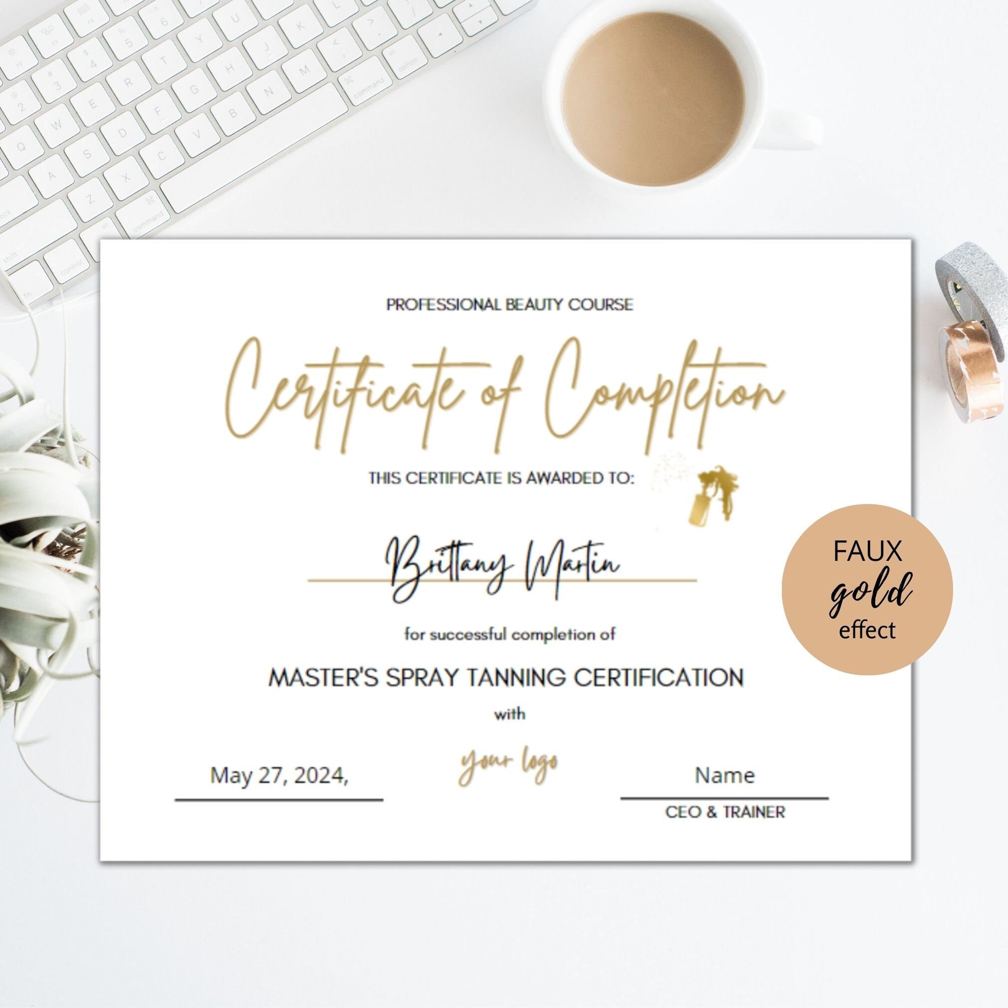 DIY Certificate of Completion Template, Printable Spray Tan Course