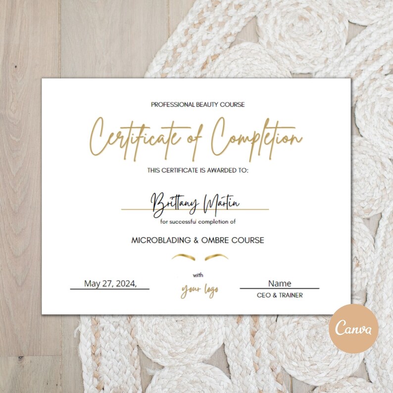 DIY Certificate of Completion Template, Printable Brow Course Certificate, Microblading Template ...