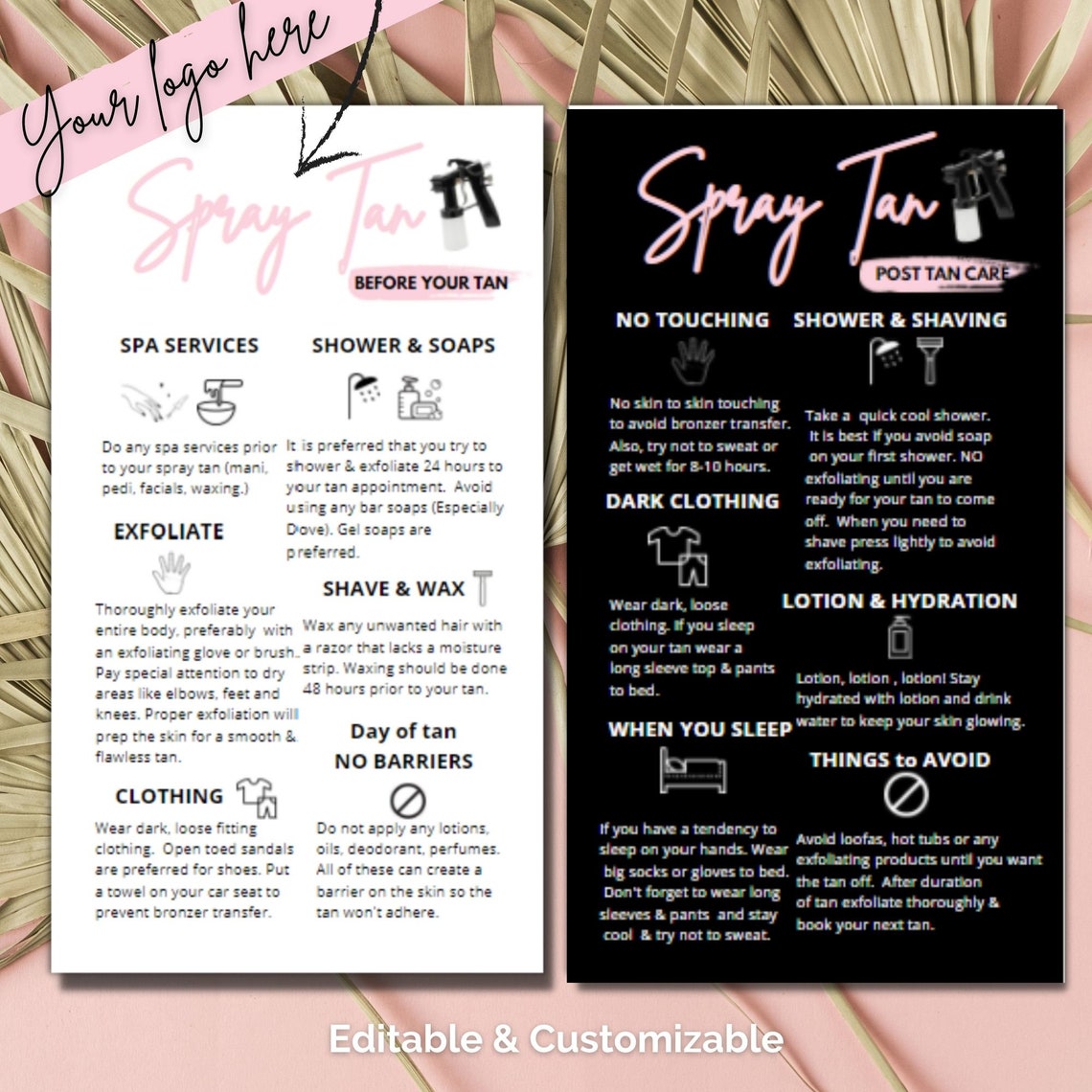 Spray Tanning Pre and Post Tan Instruction Cards Digital Etsy