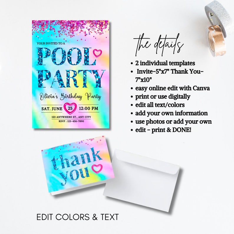 Editable Pool Party Invitation Template Pastel Rainbow Pool Birthday