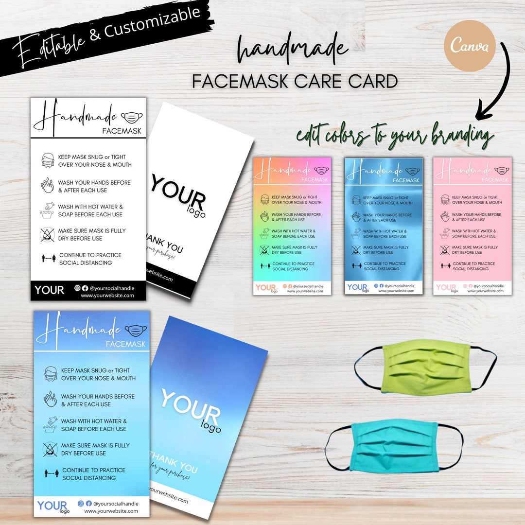Printable Face Mask Care Card, Handmade Face Mask Tag, Cloth Face Mask