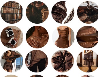 May include: A collection of 25 brown Instagram story highlight covers. The covers feature various images, including a book shelf, a woman wearing a brown top, a brown building, a brown car, a brown camera, a brown necklace, a brown dress, a brown sign with the words "Courage, Love, Hope", a brown horse, a brown hair bow, a brown sweater, a brown ribbon, a brown pencil, a brown coffee cup, a brown fabric, a brown hand with nail polish, and a brown eye.