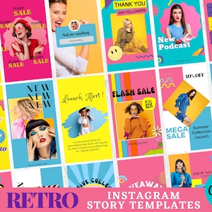 Retro Instagram Story Templates, Rainbow Instagram Stories, Colorful Groovy Instagram Templates Canva, 80s Social Media Template Bundle