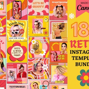 Retro Instagram Post Templates Canva, 90&#39;s Playful Social Media Template Kit, Editable Groovy Instagram Posts, Bright Instagram Stories