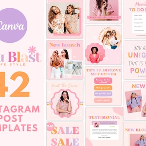 Pink Instagram Post Templates Canva, Pink Purple Social Media Template, Editable Colorful Playful Instagram Branding Template Bundle