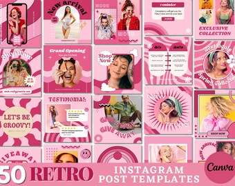 Retro Instagram Post Templates Canva, 90's Playful Social Media Template, Groovy Feed Branding, Editable Pink Instagram Template Bundle