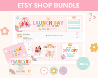 May include: A digital marketing bundle for Etsy shops with a pink, yellow, and blue color scheme. The bundle includes social media templates, thank you cards, and sale banners. The text "It's Launch Day" and "25% Off" is featured on the templates.