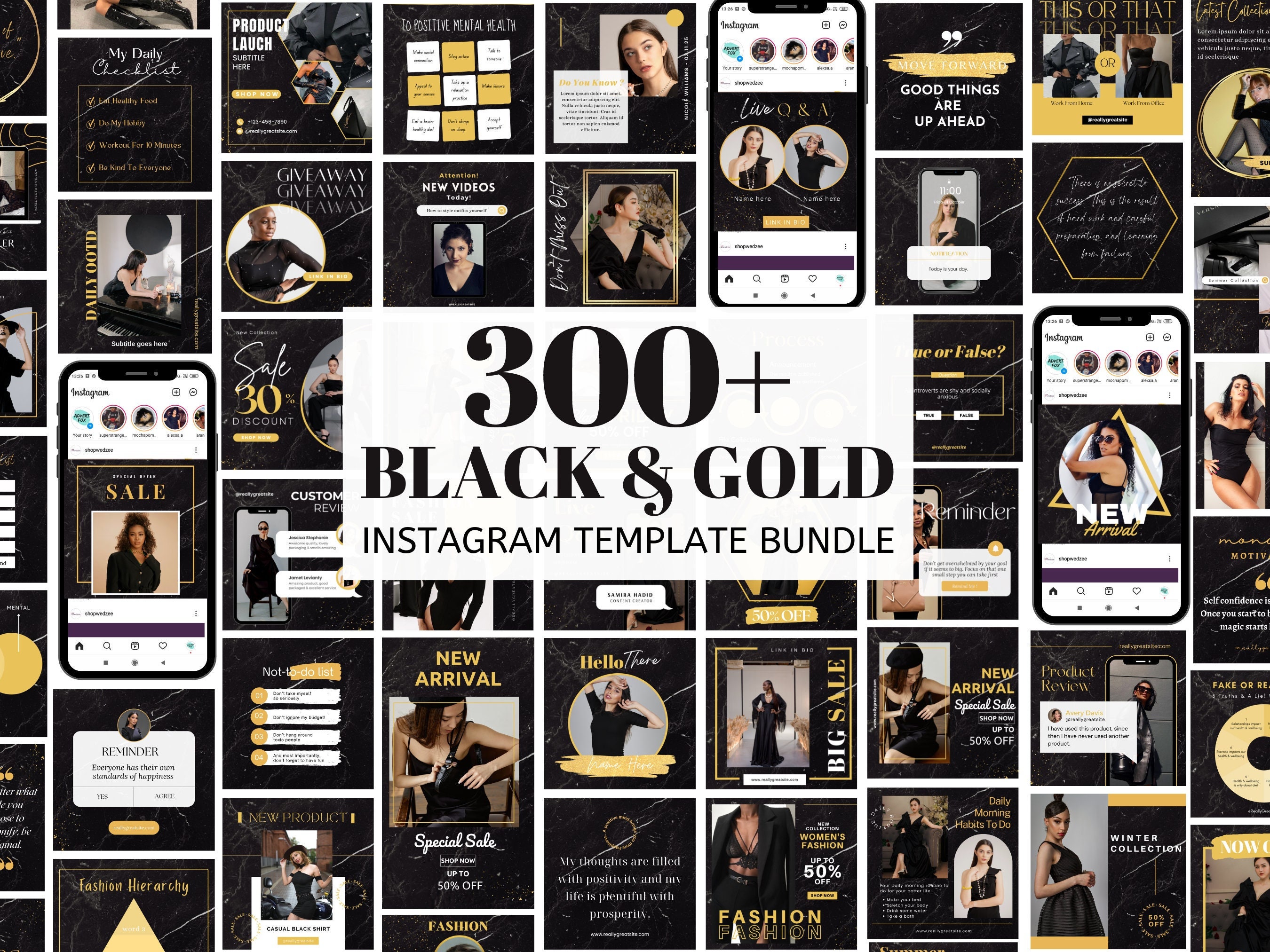 Black & Gold Instagram Template Pack, Luxury Social Media Template Kit