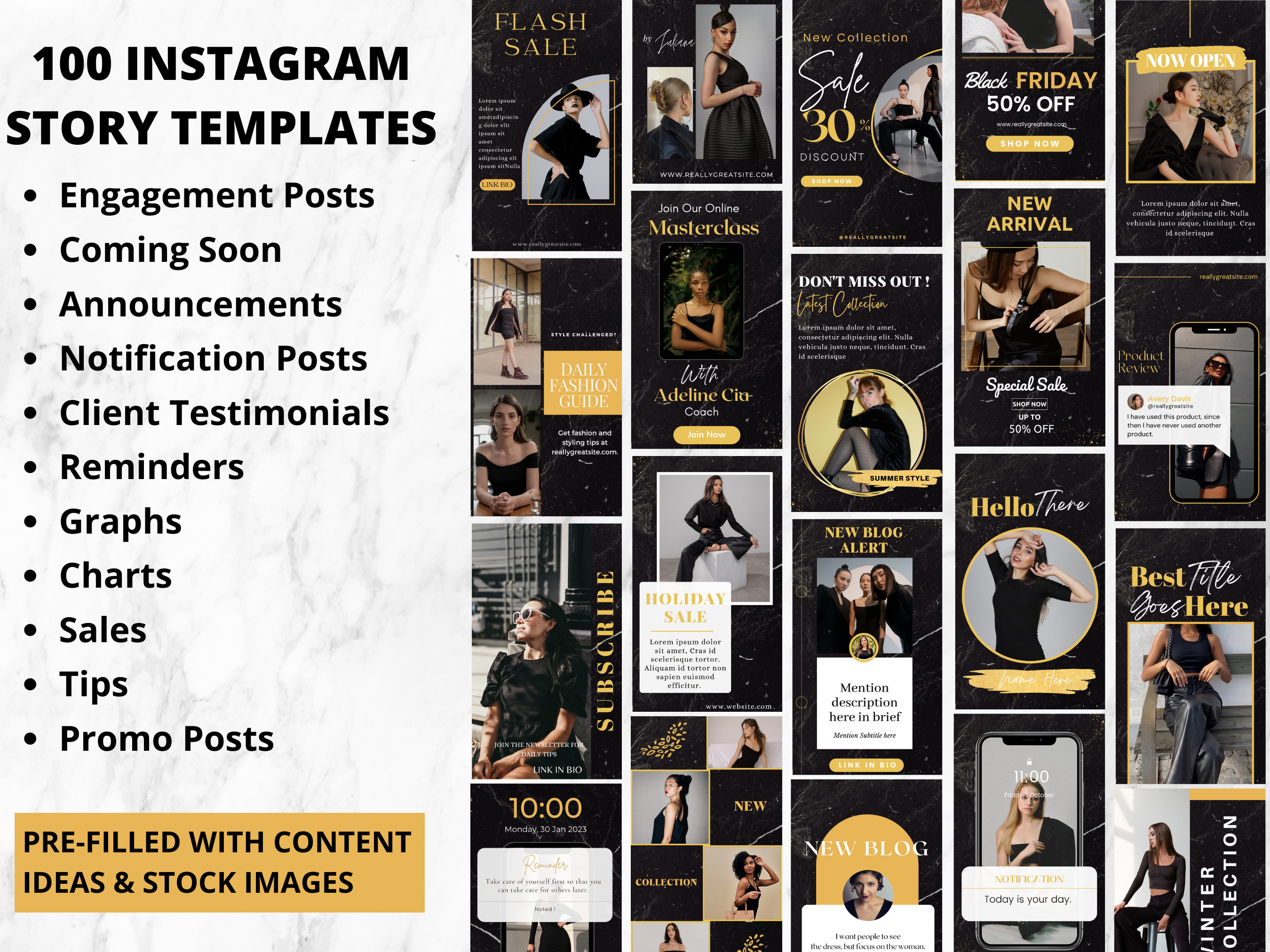 Black and Gold Instagram Template Pack, Luxury Social Media Template ...