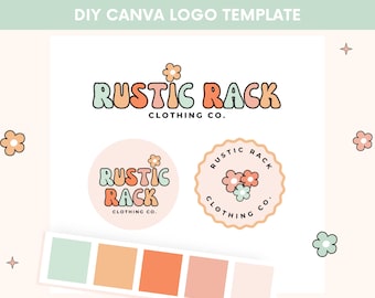May include: A DIY Canva logo template featuring the "Rustic Rack Clothing Co." logo in three variations. The main logo is in a retro font with a flower accent. Two circular logo designs and a color palette are also shown.