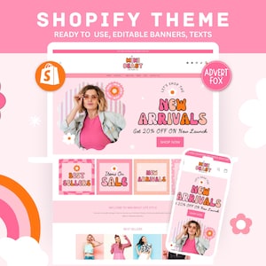 Retro-Shopify-Theme, pinkfarbene Boutique-Shopify-Website-Vorlage, anpassbarer, femininer Pastell-Shopify-Shop, Canva-Banner für Mode-E-Commerce-Shops