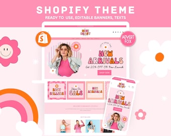 Retro Shopify Theme, Pink Boutique Shopify Website Template, Customizable Feminine Pastel Shopify Store, Fashion Ecommerce Shop Canva Banner