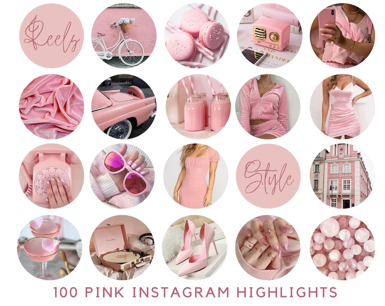 May include: A collection of 16 pink Instagram story highlight covers. The covers feature various pink themed images, including a pink vintage car, a pink phone, a pink dress, and a pink building. The text "Reels" and "Style" are featured on two of the covers.