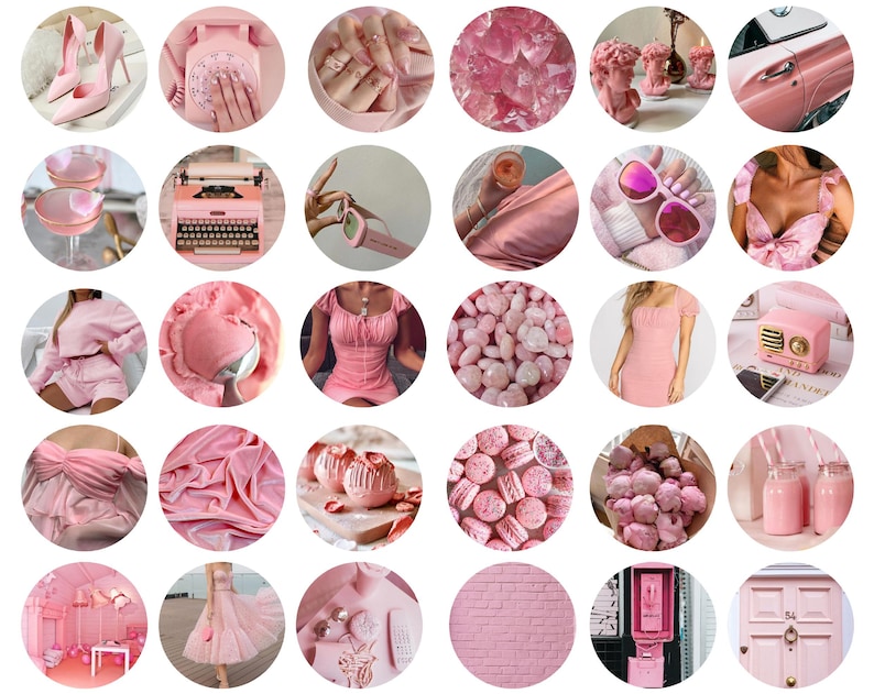 May include: A collection of pink aesthetic images featuring a variety of items, including a vintage typewriter, a pink car, a pink dress, a pink phone, and a pink radio.