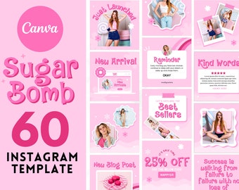 Pink Instagram Post & Story Templates Canva, Feminine Social Media Template Pack, Cute Branding Kit, Pastel Instagram Stories Posts Bundle