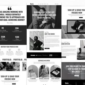 May include: A black and white website design with text including "Guiding you to the life between your dreams and your potential." Other text includes "Sign up & grab your freebie now."