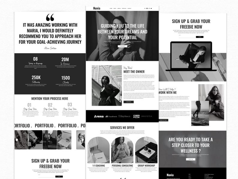 May include: A black and white website design with text including "Guiding you to the life between your dreams and your potential." Other text includes "Sign up & grab your freebie now."
