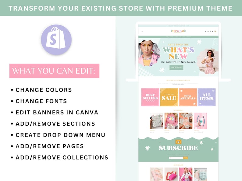 Tema Pastel para Shopify, plantilla de sitio web de comercio electrónico de moda arcoíris, banners editables en Canva imagen 5