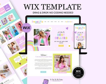 May include: A Wix template design displayed on a laptop and smartphone, showcasing a website layout with pastel colors and images. The text reads "Wix Template" and "Drag & Drop, No Coding Needed."