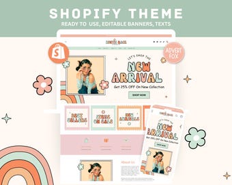 Retro Shopify Theme, Pastel Boutique Shopify Template, Ecommerce Store Design, Premium Shopify Store Theme, Editable Shopify Canva Banners
