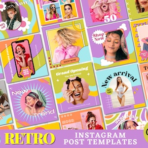 Retro Instagram Post Templates Canva, 90's Social Media Template, Customizable Groovy Feed Branding, Colorful Boho Instagram Posts Kit