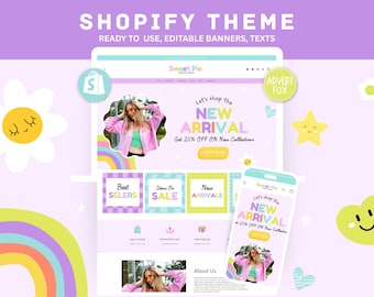 Pastel Shopify Theme, Editable Boutique Shopify Design, Colorful Ecommerce Shopify Website Template, Clothing Shopify Store Canva Banners