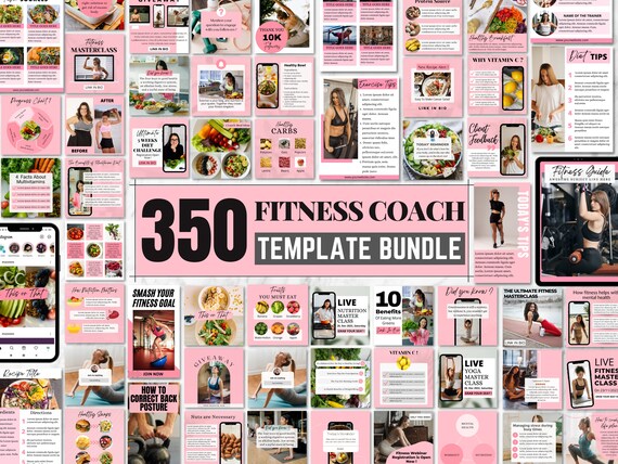 350 Fitness Template Pack, Health Nutrition Instagram Post Templates, Wellness Fitness Coach Instagram Stories, Fitness eBook Template Canva