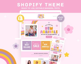 Playful Shopify Theme, Pink Boutique Shopify Website Template, Retro Ecommerce Store Design, Custom Shopify Template, Editable Canva Banners
