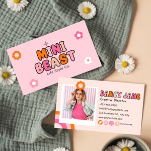 Retro Visitenkartenvorlage, bearbeitbares Visitenkartendesign, rosa Small Business Branding, Groovy QR-Code Visitenkartenvorlage Canva
