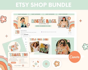 Puede incluir: Un paquete de tienda Etsy con un tema retro. El diseño incluye un banner de sitio web, plantillas de redes sociales y una tarjeta de presentación. El texto incluye "RUSTIC RACK CLOTHING CO." y "THANK YOU". La paleta de colores presenta colores pastel y acentos florales.