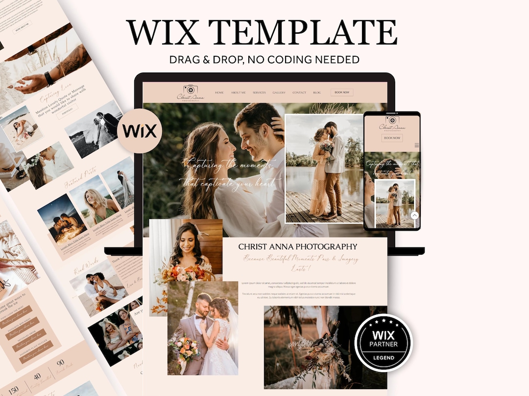 Boho Wedding Photographer Wix Website Template, Elegant Vintage