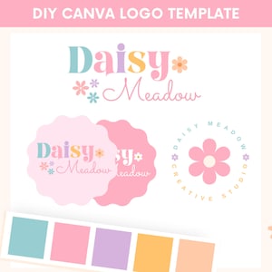 Daisy Logo Template Canva, Editable Logo Design, Bright Logo Template, DIY Small Business Logo, Cute Boutique Logo With Flowers, Pink Logo