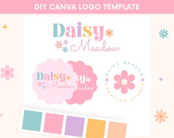Daisy Logo Vorlage Canva, bearbeitbares Logo-Design, helles Logo Vorlage, DIY Small Business Logo, süßes Boutique-Logo mit Blumen, rosa Logo